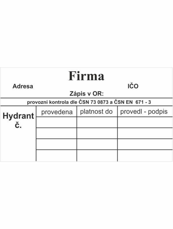 Revizní a kalibrační štítky: Kontrolní štítek - Hydrant