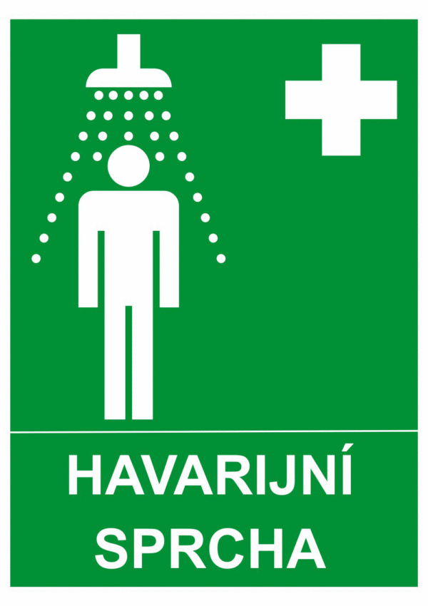 Bezpečnostní tabulky - Symbol s textem: "Havarijní sprcha"