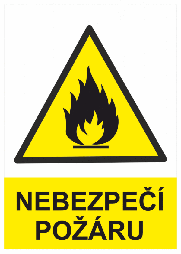 Výstražná bezpečnostní tabulka symbol s textem: "Nebezpečí požáru"