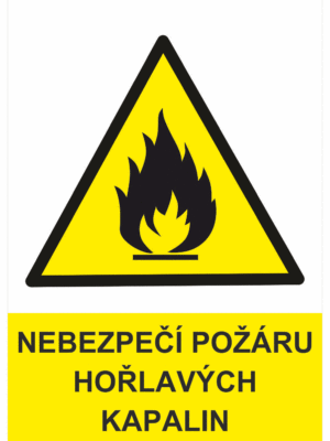 Výstražná bezpečnostní tabulka symbol s textem: "Nebezpečí požáru hořlavých kapalin"