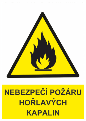 Výstražná bezpečnostní tabulka symbol s textem: "Nebezpečí požáru hořlavých kapalin"