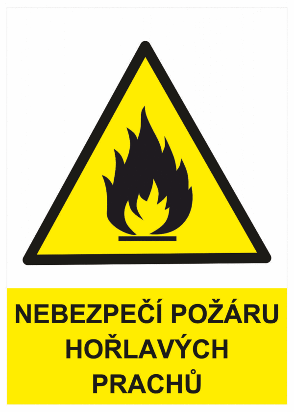 Výstražná bezpečnostní tabulka symbol s textem: "Nebezpečí požáru hořlavých prachů"