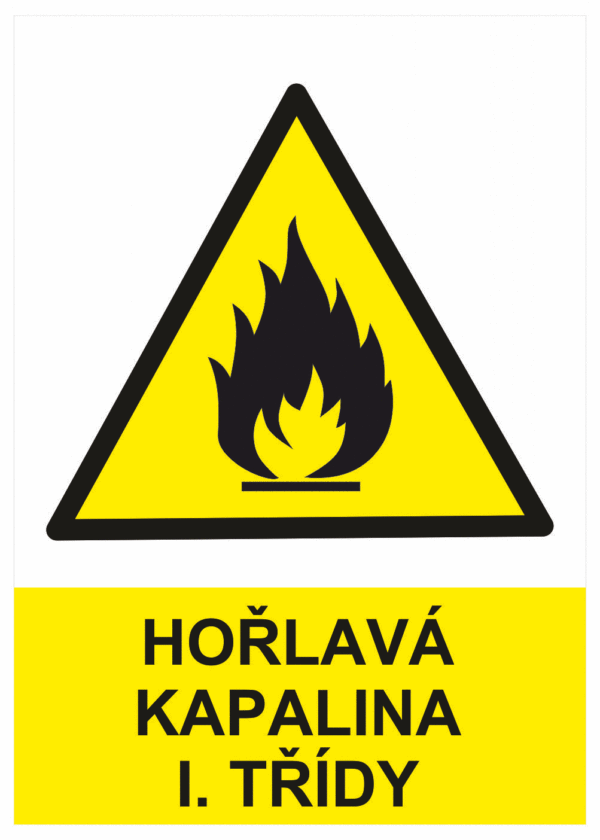 Výstražná bezpečnostní tabulka symbol s textem: "Hořlavá kapalina I. třídy"