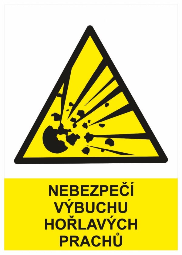 Výstražná bezpečnostní tabulka symbol s textem: "Nebezpečí výbuchu hořlavých prachů"