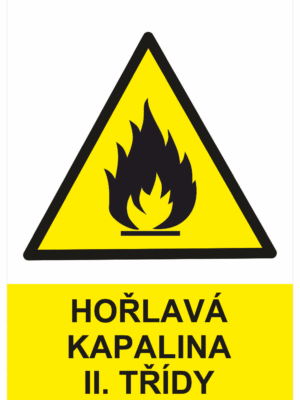 Výstražná bezpečnostní tabulka symbol s textem: "Hořlavá kapalina II. třídy"