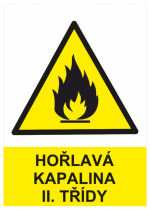 Výstražná bezpečnostní tabulka symbol s textem: "Hořlavá kapalina II. třídy"