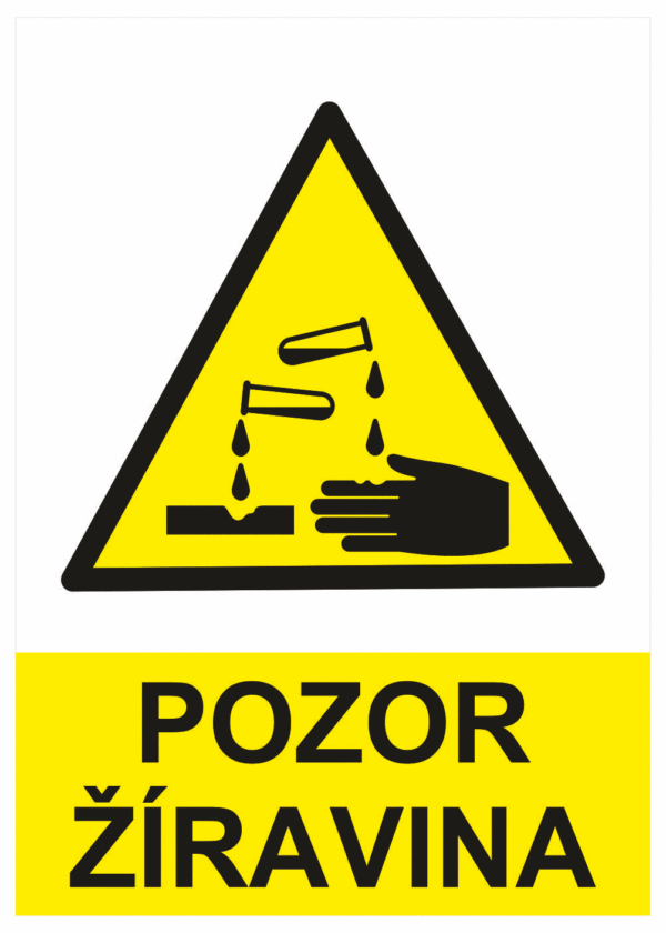 Výstražná bezpečnostní tabulka symbol s textem: "Pozor žíravina"