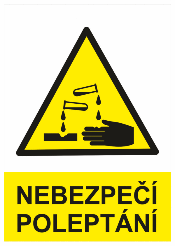 Výstražná bezpečnostní tabulka symbol s textem: "Nebezpečí poleptání"
