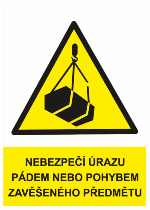 Výstražná bezpečnostní tabulka symbol s textem: "Nebezpečí úrazu pádem nebo pohybem zavěšeného předmětu"