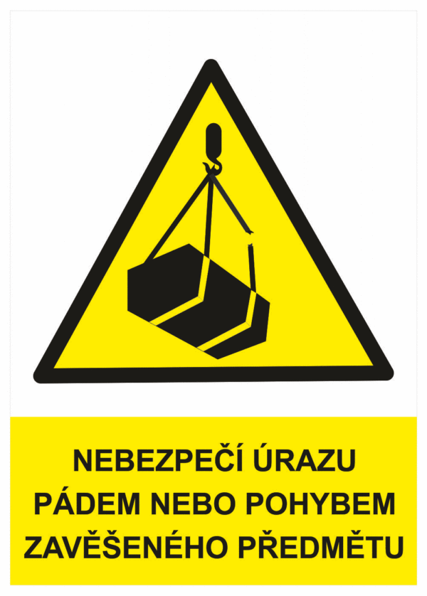 Výstražná bezpečnostní tabulka symbol s textem: "Nebezpečí úrazu pádem nebo pohybem zavěšeného předmětu"