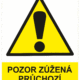 Výstražná bezpečnostní tabulka symbol s textem: "Pozor zúžená průchozí šířka lávky"