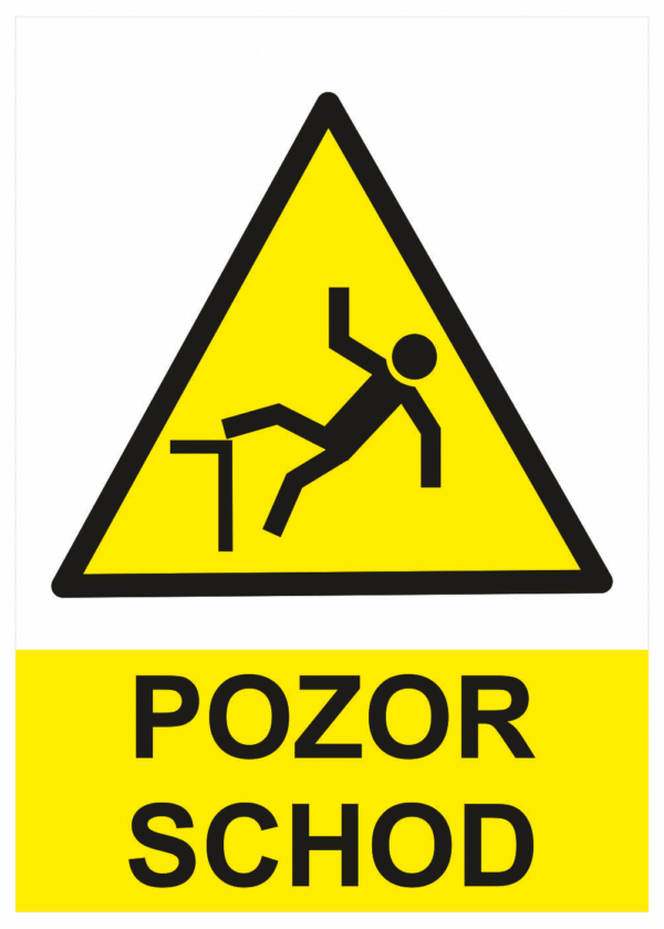 Výstražná bezpečnostní tabulka symbol s textem: "Pozor schod"