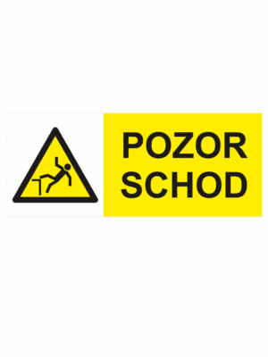 Výstražná bezpečnostní tabulka symbol s textem: "Pozor schod"