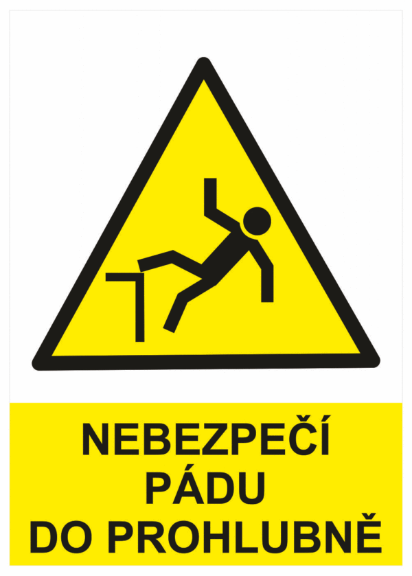 Výstražná bezpečnostní tabulka symbol s textem: "Nebezpečí pádu do prohlubně"