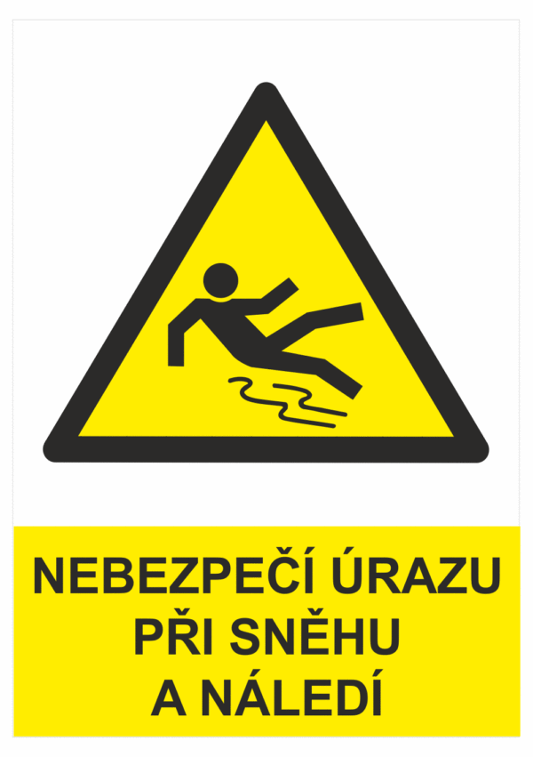 Výstražná bezpečnostní tabulka symbol s textem: "Nebezpečí úrazu při sněhu a náledí"