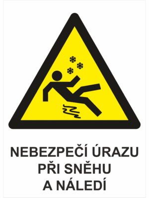 Výstražná bezpečnostní tabulka symbol s textem: "Nebezpečí úrazu při sněhu a náledí"