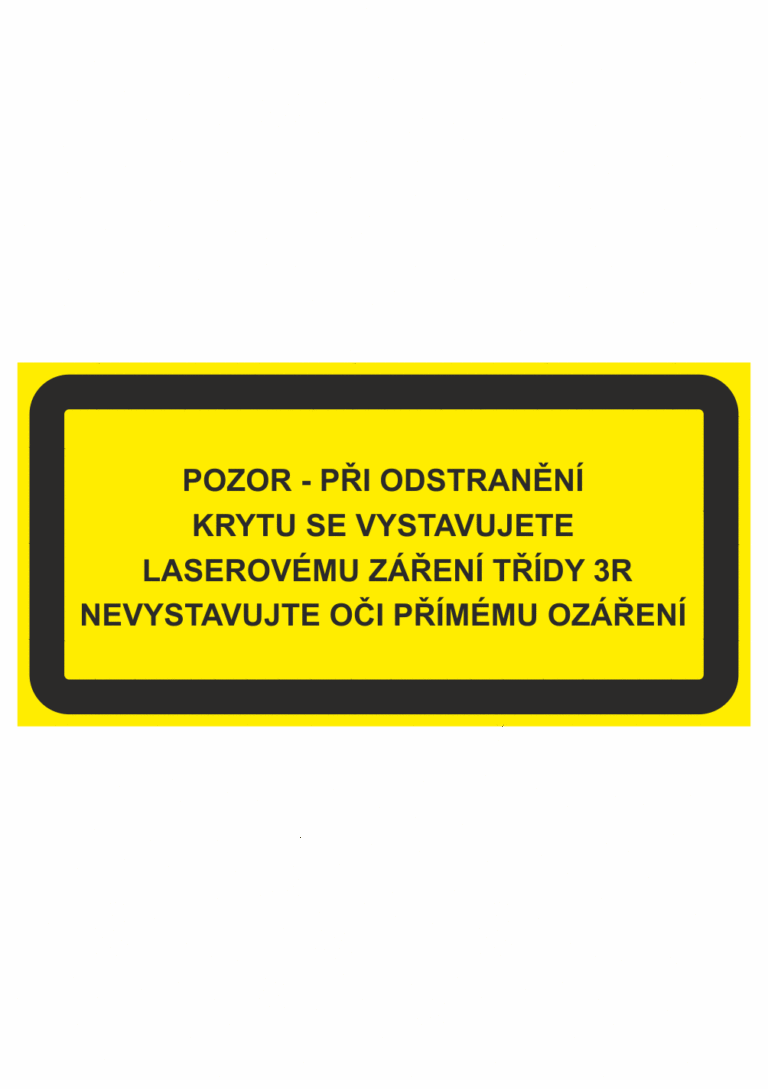 Výstražná bezpečnostní tabulka symbol s textem: "Pozor - Při odstranění krytu se vystavujete laserovému záření třídy 3R Nevystavujte oči přímému ozáření"