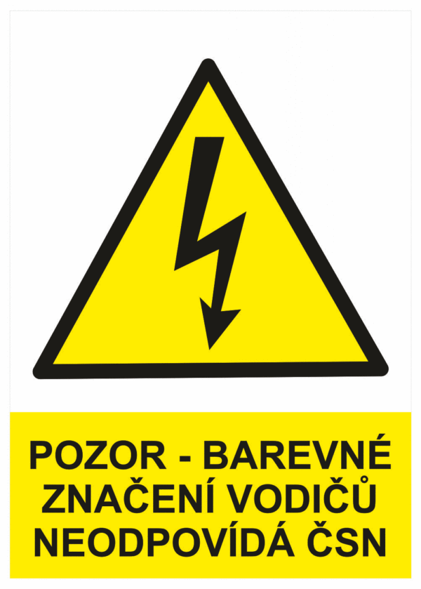 Značení elektro a ESD - Elektro výstrahy: Pozor barevné značení vodičů neodpovídá ČSN