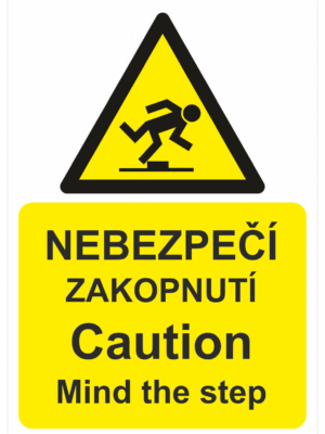 Výstražná bezpečnostní tabulka symbol s textem: "Nebezpečí zakopnutí / Caution Mind the step"