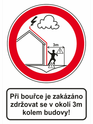 Zákazová bezpečnostní tabulka symbol s textem: " Při bouřce je zakázáno zdržovat se v okolí 3m kolem budovy!"