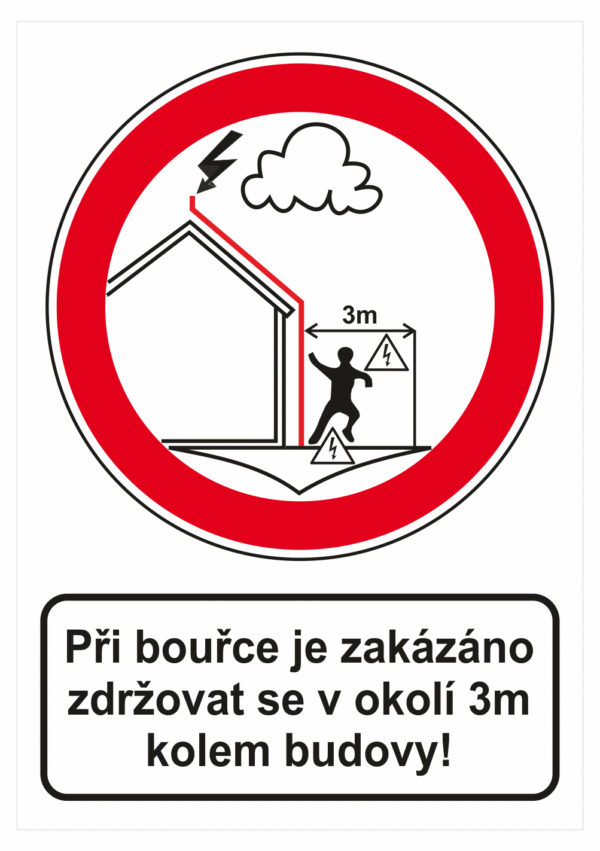 Zákazová bezpečnostní tabulka symbol s textem: " Při bouřce je zakázáno zdržovat se v okolí 3m kolem budovy!"