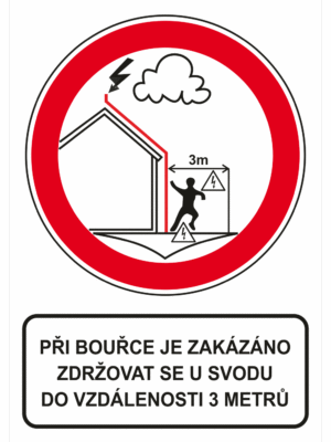 Zákazová bezpečnostní tabulka symbol s textem: "Při bouřce je zakázáno zdržovat se u svodu do vzdálenosti 3 metrů"