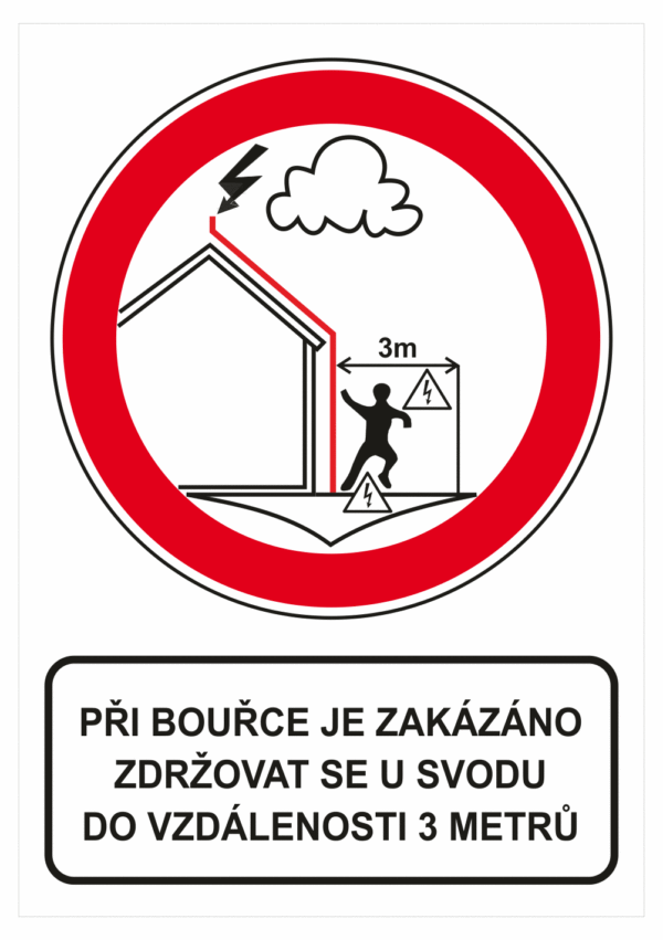 Zákazová bezpečnostní tabulka symbol s textem: "Při bouřce je zakázáno zdržovat se u svodu do vzdálenosti 3 metrů"