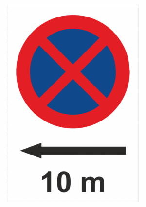 Značení budov a místnosti - Označení parkování: Zákaz zastavení 10 m + Šipka vlevo