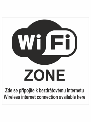 Značení budov, prostorů a vstupů - Označení wifi připojení: "WIFI ZONE / Zde se připojte k bezdrátovému internetu / Wireless internet connection available here"