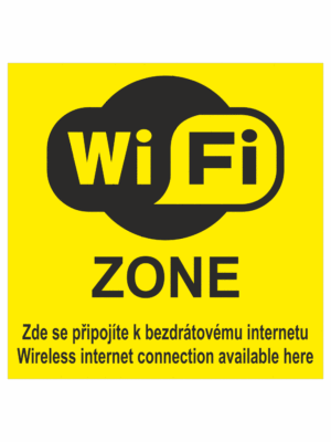 Značení budov, prostorů a vstupů - Označení wifi připojení: "WIFI ZONE / Zde se připojte k bezdrátovému internetu / Wireless internet connection available here" (Žlutá)