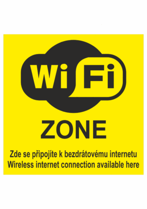Značení budov, prostorů a vstupů - Označení wifi připojení: "WIFI ZONE / Zde se připojte k bezdrátovému internetu / Wireless internet connection available here" (Žlutá)