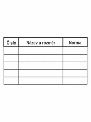 Značení skladů a regálů - Označení materiálů: "Číslo / Název a rozměr / Norma"