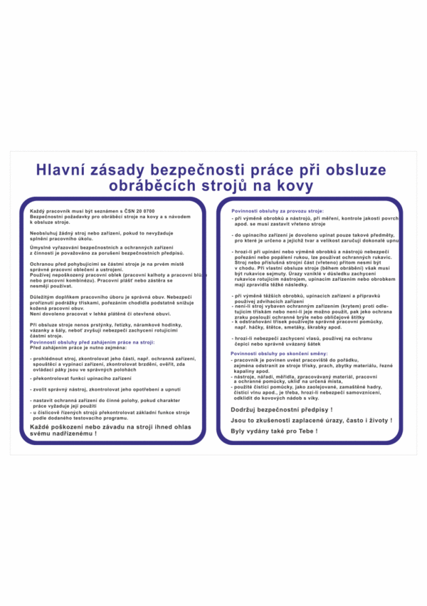 Pravidla bezpečné práce BOZP - Hlavní zásady bezpečnosti práci při obsluze obráběcích strojů na kovy