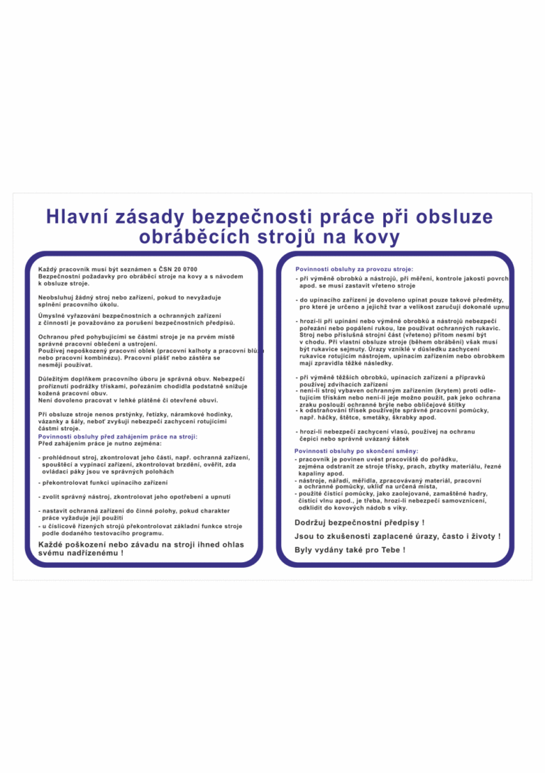 Pravidla bezpečné práce BOZP - Hlavní zásady bezpečnosti práci při obsluze obráběcích strojů na kovy