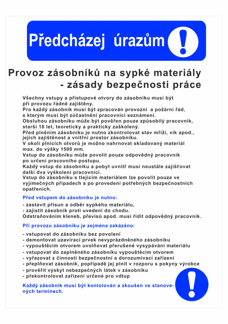 Pravidla bezpečné práce BOZP - Předcházej úrazům - Zásady bezpečnosti práce pro provoz zásobníků na sypké materiály