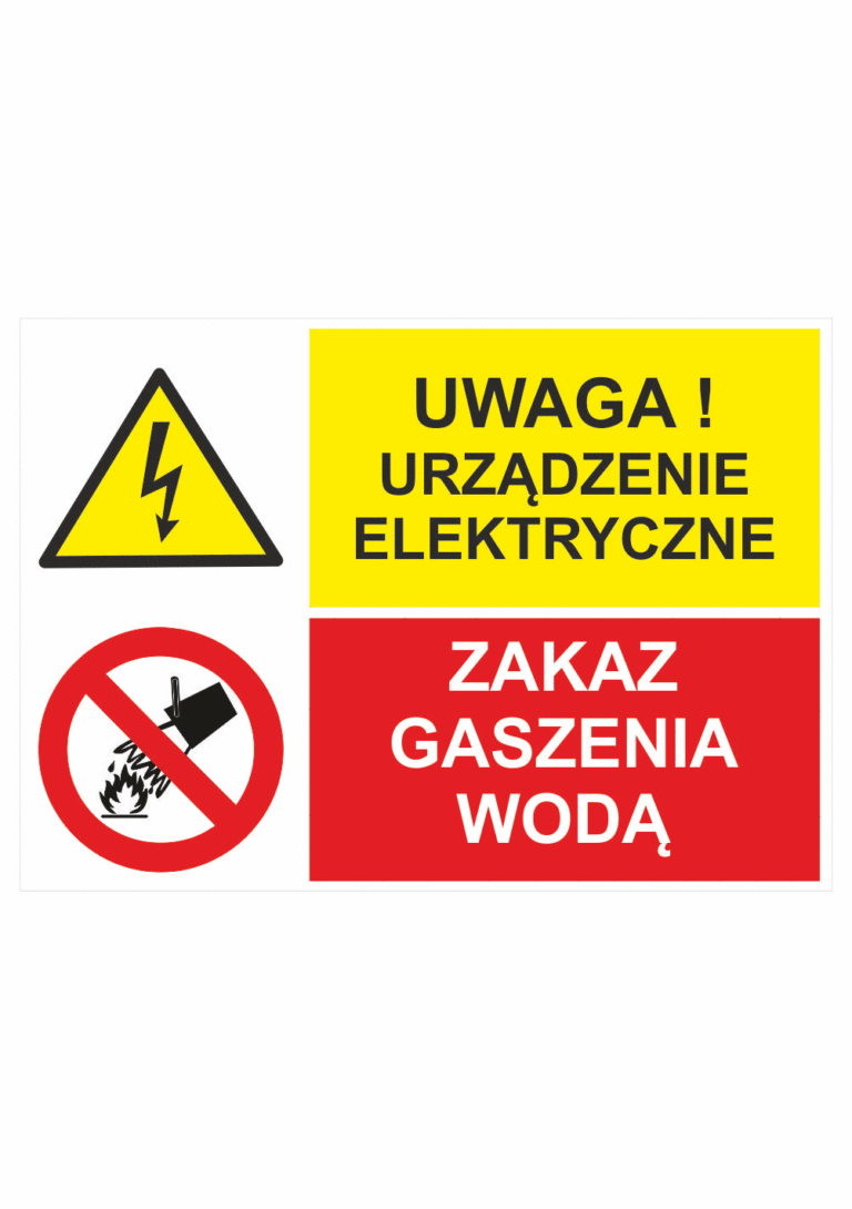Bezpečnostní vícejazyčná tabulka - Polský text: Uwaga! Urzadzenie elektryczne / Zakaz gasenia woda