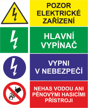Bezpečnostní kombinovaná tabulka: Pozor elektrické zařízení / Hlavní vypínač / Vypni v nebezpečí / Nehas vodou ani pěnovými hasicími přístroj