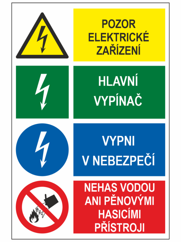 Pozor el. zařízení / Hlavní vypínač / Vypni v nebezpečí / Nehas vodou ani pěn. přístroj