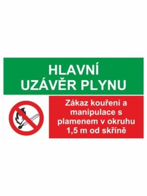Bezpečnostní kombinovaná tabulka: Hlavní uzávěr plynu - Zákaz manipulace s plamenem v okruhu 1,5m od skříně