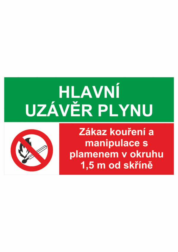 Bezpečnostní kombinovaná tabulka: Hlavní uzávěr plynu - Zákaz manipulace s plamenem v okruhu 1,5m od skříně