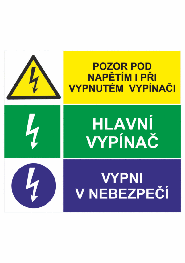 Bezpečnostní kombinovaná tabulka: Pozor pod napětím i při vypnutém vypínači / Hlavní vypínač / Vypni v nebezpečí