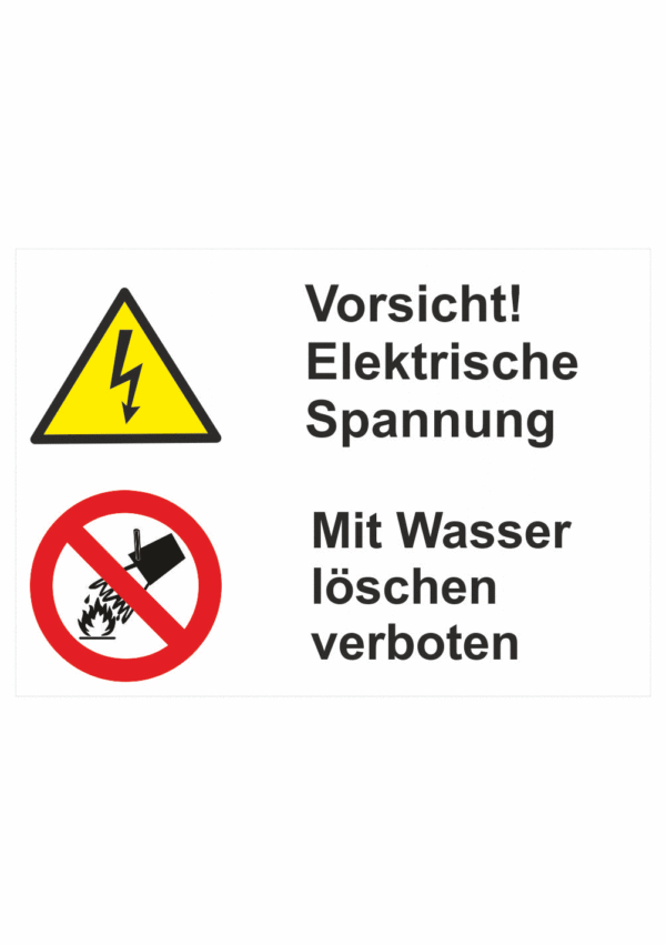 Bezepčnostní vícejazyčná tabulka - Německý text: "Vorsicht elektrische spannung! / Mit Wasser löschen verboten"