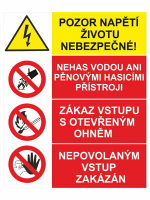 Bezpečnostní kombinovaná tabulka: Pozor napětí životu nebezpečné / Nehas vodou ani pěnovými hasícími přístroji / Zákaz vstupu s otevřeným ohněm / Nepovolaným vstup zakázán