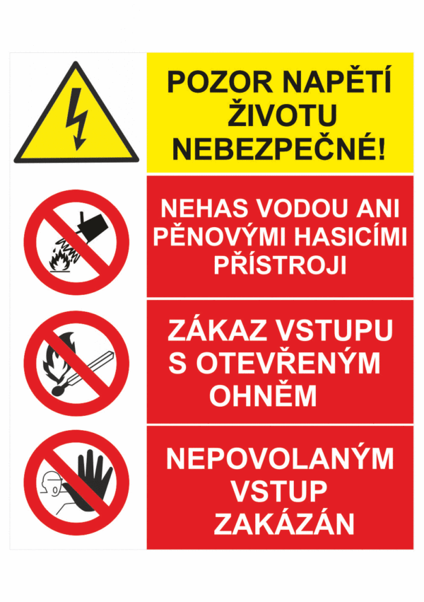 Bezpečnostní kombinovaná tabulka: Pozor napětí životu nebezpečné / Nehas vodou ani pěnovými hasícími přístroji / Zákaz vstupu s otevřeným ohněm / Nepovolaným vstup zakázán