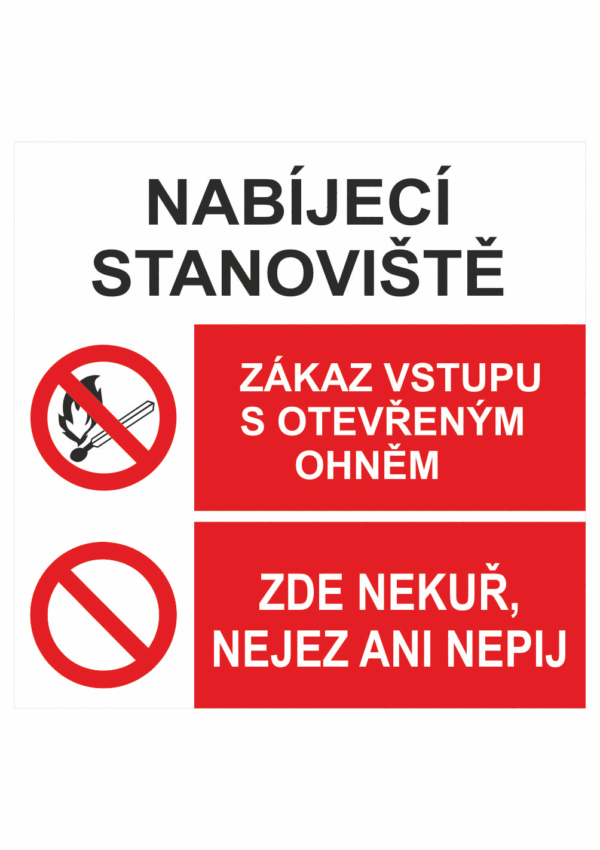 Bezpečnostní kombinovaná tabulka: NABÍJECÍ STANOVIŠTĚ - Zákaz vstupu s otevřeným ohněm / Zde nekuř, nejez ani nepij