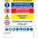 Czech safety poster with multiple signs: yellow Pozor sign, blue visitor sign, red prohibition sign, yellow hazard sign, and white panel for maximum speed; PPE icons and contact box at bottom.