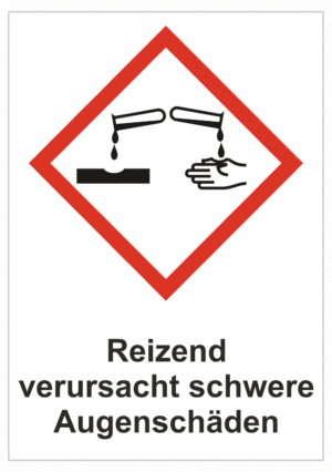 Značení nebezpečných látek a obalů - Symboly GHS s textem: "Reizend verursacht schwere Augenschäden"