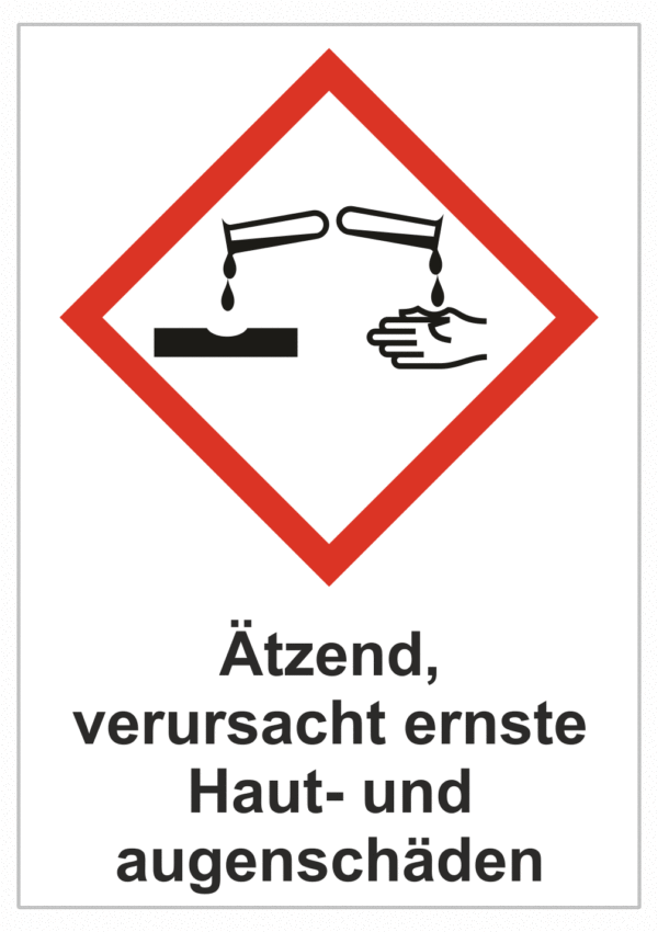 Značení nebezpečných látek a obalů - Symboly GHS s textem: "Ätzend, verursacht ernste Haut-und augenschäden!