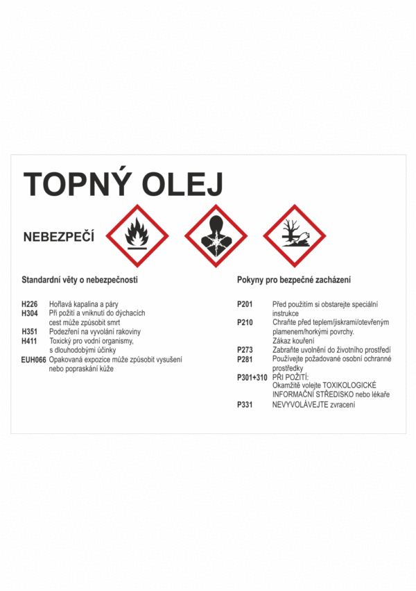 Značení nebezpečných látek a obalů - GHS štítky s názvem: Topný olej