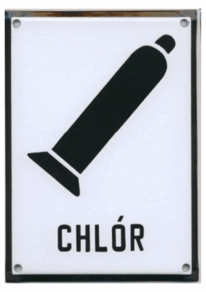 Smaltovaná tabulka - Symbol s textem: "Chlór"